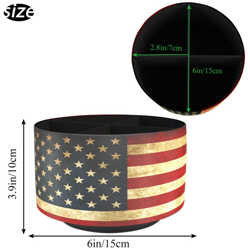 Hennaja Round Leather Art Supply Organizer Remote Control Holder 360 Degree Rotating Multi-Functional Pencil Holder 4 Compartments Desktop Stationary Organizer(1-American Flag) - Image 2